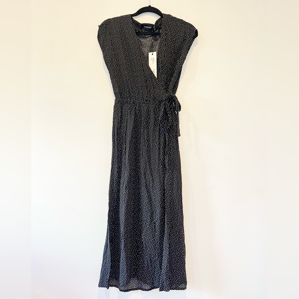 NWT Minkpink Jemima wrap dress midi v neck black white polka dot heart print S